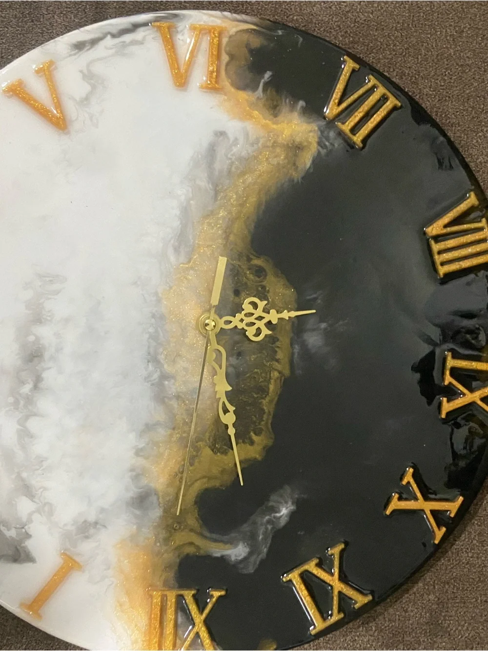 Black, White & Gold Resin Wall Clock with Gold Roman Numerals